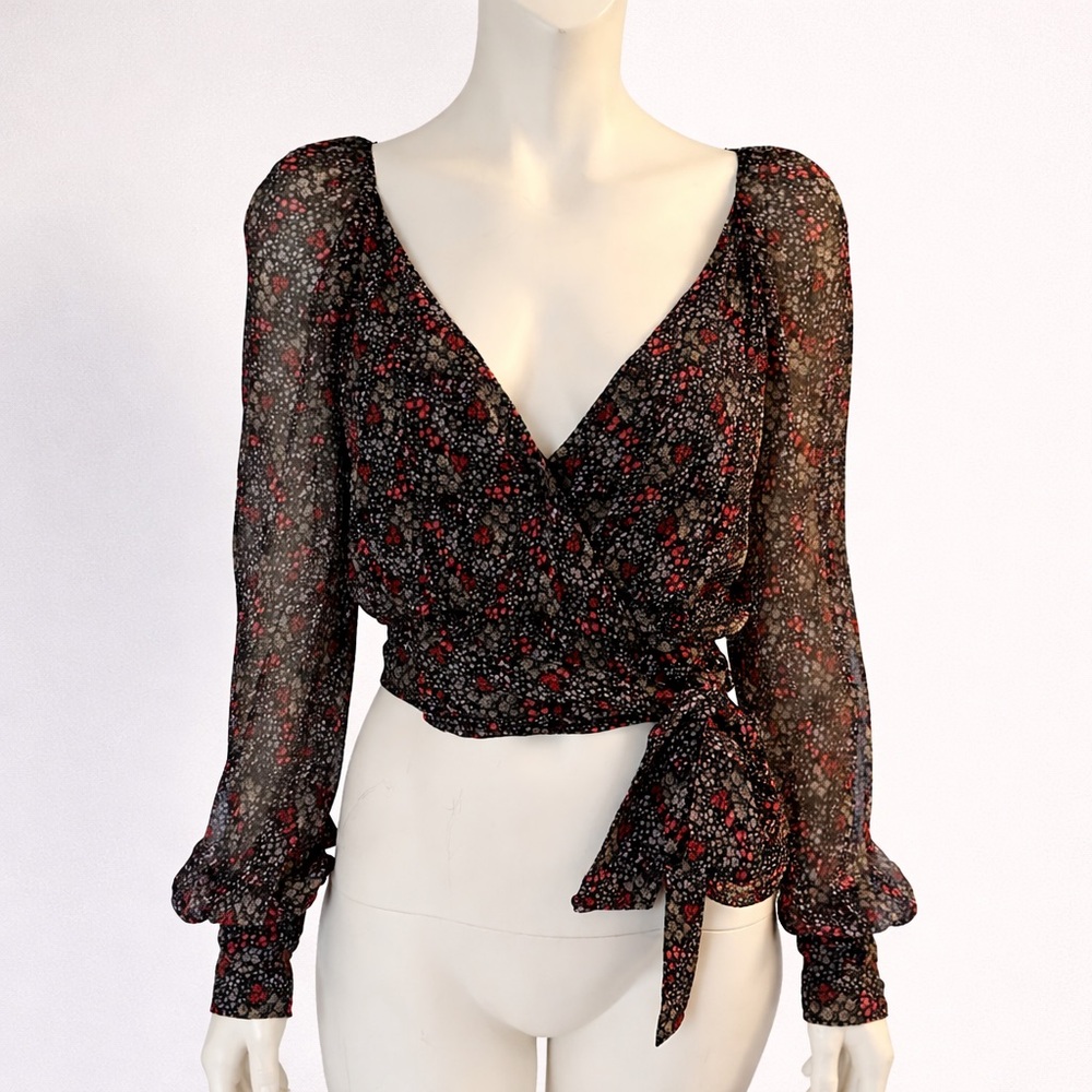 Stevie May Floral Wrap Blouse V neck crop top Black with Red Accent